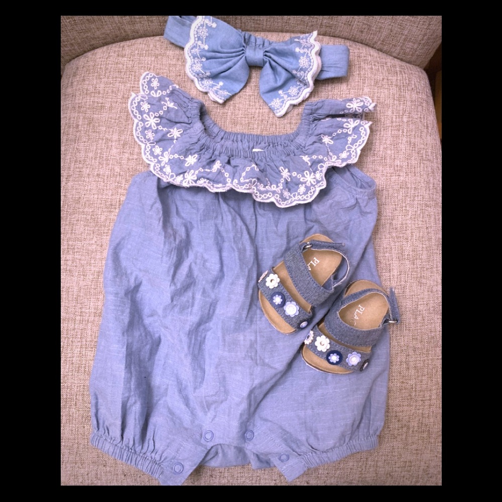 🌻Baby romper, matching headband, sandals 0-3M 🌻